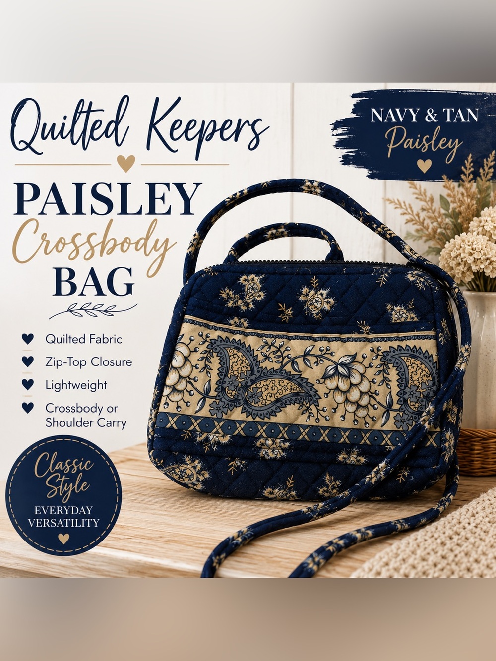 Quilted Keepers Navy Tan Paisley Quilted Crossbody Shoulder Bag